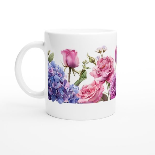 Romantisk Blomstermugg – En symfoni av syrenrosa rosor och blå hortensia